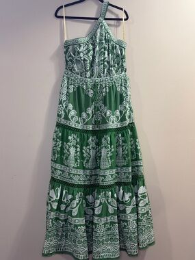 FARM Rio Green and White One-Shoulder Floral Maxi Dress